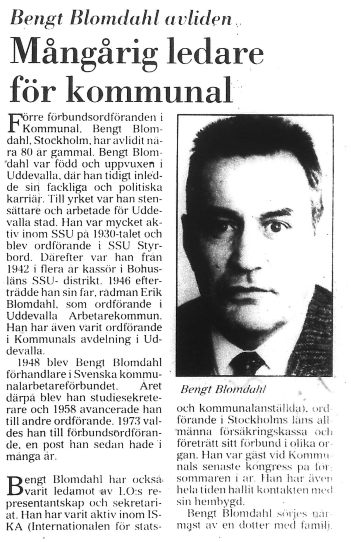 Tidningsartikel minneord över Bengt Blomberg