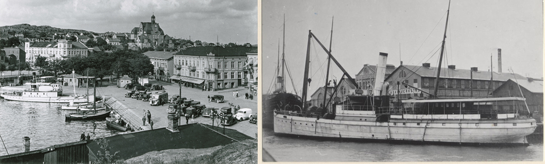 Tvådelat foto. Till vänster ett foto från Strömstad hamn år 1933. I hamnen ligger ångare Olava. Till höger ett foto på ångaren Albert Ehrenswärd.