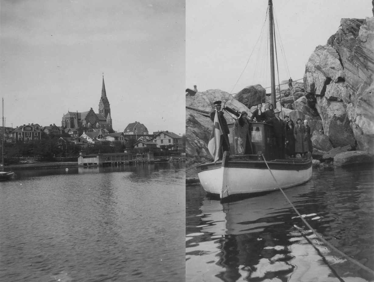 Två bilder. Bilden till vänster är en landskaps bild av Lysekil sett från söder. Kallbadhuset i förgrunden och Lysekils kyrka i bakgrunden som dominerar bilden. Bilden till höger. Ett antal sångare är uppställda på däcket på en båt för fotografering.