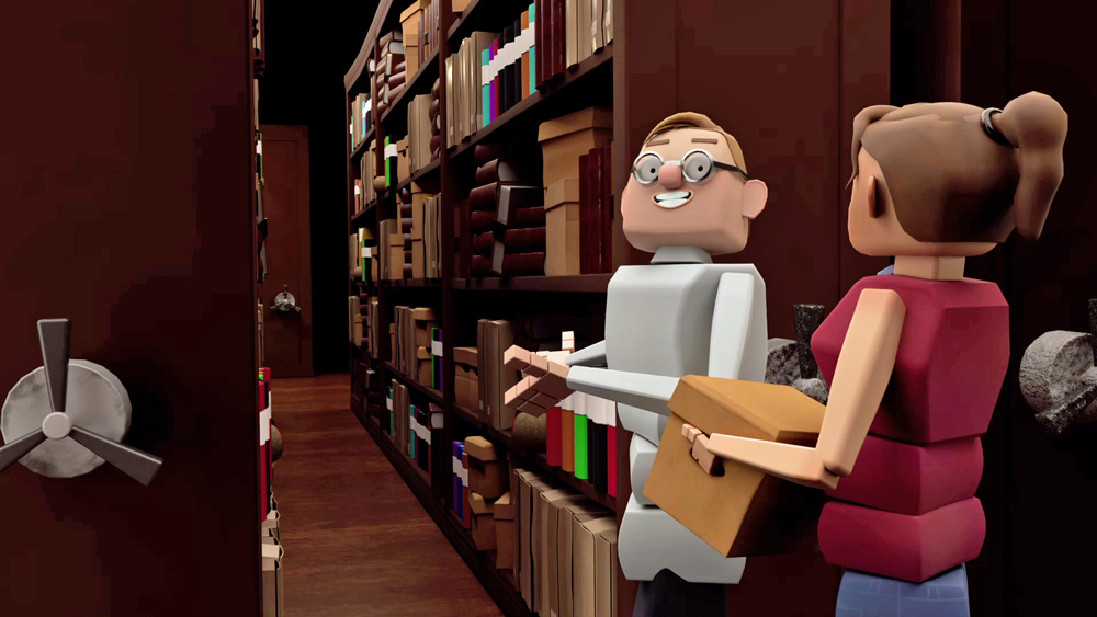 Bilden är en stillbild från filmen "Livet på föreningsarkivet" Bilden förställer 2 stycken 3D animerade personer i ett arkiv. En person visar vägen in till en arkivhylla medan den andre personen håller en låda i händerna.